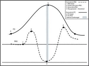 Cambios fisiológicos en las variables hemodinámicas durante la bipedestación activa. 1) Momento de la sedestación con incremento simultáneo de la PAS y de la FC. 2) Caída abrupta de la PAS y elevación de la FC. La taquicardia es refleja y consecuencia de la caída de la PAS. 3) Elevación gradual de la PAS y normalización de la FC. 4) Overshoot de la PAS.