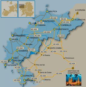 Mapa con la situación geográfica de A Costa da Morte en la costa atlántica de Galicia.