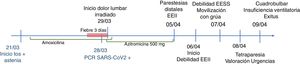 Cronograma del cuadro. Descripción de la evolución del cuadro desde la aparición de la sintomatología respiratoria, las manifestaciones neurológicas y el fallecimiento. EEII: extremidades inferiores; EESS: extremidades superiores; PCR: reacción en cadena de la polimerasa.