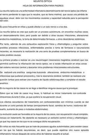 Hoja informativa para padres sobre neuritis óptica.