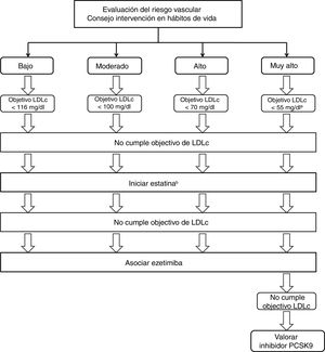 Algoritmo terapéutico del manejo de la hipercolesterolemia en prevención primaria del ictus. a En pacientes con factores que incrementen el riesgo de ictus hemorrágico puede ser razonable un objetivo de LDLc<70mg/dl. b En pacientes con riesgo vascular alto o muy alto se recomiendan reducciones de LDLc≥50%.