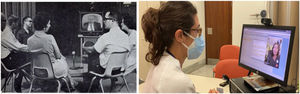 Izquierda: sesión de terapia por circuito cerrado de TV del Insituto Psiquiátrico de Nebraska a finales de los años 501. Derecha: neuróloga del Hospital de la Santa Creu i Sant Pau de Barcelona realizando una videoconsulta desde el ordenador de su consulta al teléfono móvil de una paciente con migraña (junio de 2020).