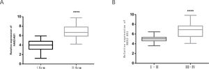 Tumor size and WHO grade are significantly correlated with HAS2-AS1 expression. Box plots were used to display the relationship between HAS2-AS1 expression and (A) tumor size or (B) WHO grade. **** P<0.0001.