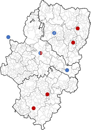 Distribución de los eventos entre 2008 y 2019 en Aragón. Ictus isquémicos (azul) en Huesca (2008, 2012), Zaragoza (2010, 2012, 2018, 2019), Caspe (2013) y La Rioja (2014). Ictus hemorrágicos (rojo) en Zaragoza (2008, 2013 x 2, 2014, 2015 x 2, 2017, 2018, 2019), Graus (2008), Aliaga (2009), Monzón (2010) y Teruel (2016). La Rioja tenía antiguamente el Hospital Materno Infantil - Hospital Universitario Miguel Servet como el centro de referencia para patología neurovascular pediátrica urgente.