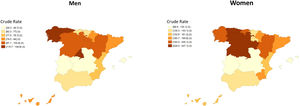 Multiple sclerosis crude prevalence rates per 100000 person-years by sex.