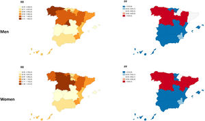 Relative risk and posterior probability of RR >1 of multiple sclerosis prevalence by the autonomous community for men and women.