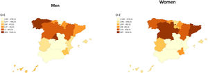 Difference between the observed and expected cases of multiple sclerosis by autonomous community and sex.