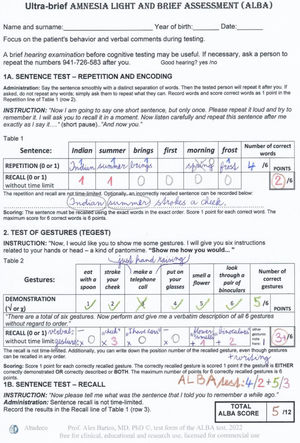 A completed example of the ALBA form with detailed administration and evaluation instructions.