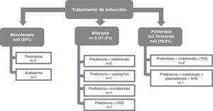 Tratamiento de inducción en 16pacientes con MNIM, resumido de forma esquemática.