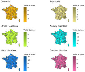 Mean emergency visit rate per year and 100,000 inhabitants between the 15th May and the 30th September by psychiatric disorder and department.