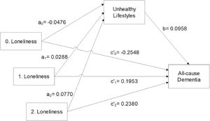 Fully adjusted mediation models with unhealthy lifestyles as potential mediator. The number before each ‘Loneliness’ independent variable indicates a score on the loneliness scale (ranges from 0 – 2).