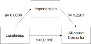 Fully adjusted mediation model with hypertension as potential mediator, baseline loneliness as independent variable and diagnosis of all-cause dementia as dependent variable. We adjusted for age, sex, genetic ancestry, age when left education, Townsend deprivation index, BMI, diabetes, physical activity, smoking status, social isolation, and depression.