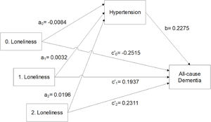Fully adjusted mediation models with hypertension as potential mediator. The number before each ‘Loneliness’ independent variable indicates a score on the loneliness scale (ranges from 0 – 2).