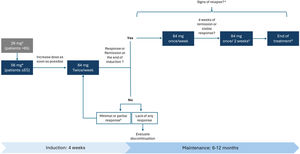 Treatment algorithm for intranasal esketamine. aDoses of 28 mg and 56 mg are the first doses given, according to patient’s age. If good tolerability, initial dose should be escalated in the next session. Maximum tolerated dose should be reached as soon as possible (safety allowing) to optimize the treatment outcomes. bIn complex patients/patients with risk factors (frequent/recurring episodes, history of relapse, chronic episodes, with presence of psychiatric comorbidities, presence of residual symptoms), or rapid/ultra-rapid metabolisers, 84 mg twice/week may be maintained potentially for 1–2 additional 4 week induction phases for partial responders who continue to improve on therapy, if good tolerability and progressive response are observed. Other optimization strategies (addition of other antidepressants or augmentation strategies) may be evaluated as well. cSymptom stability evaluated regularly every 4 weeks. dTotal treatment duration should be personalised according to clinical stability. Intranasal esketamine dose and frequency of administration should be personalized when treatment cessation due to clinical stability is planned. eRelapses during treatment with intranasal esketamine should be managed based on symptom severity: for mild symptoms, we recommend reverting the dose and frequency used during the patient’s stable period; for severe symptoms, restarting the treatment from the induction phase is advisable.