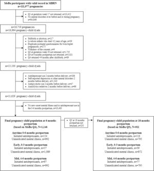 Flow-chart to achieve the final study populations at 6 months (Q4) and 18 months (Q5) postpartum*.