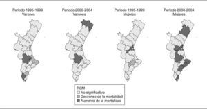 Evolución temporal de la mortalidad por cáncer de tráquea, bronquios y pulmón en cada departamento de salud de la Comunidad Valenciana por sexos. Períodos 1995-1999 y 2000-2004 (período de referencia: 1990-1994).