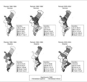 Distribución geográfica de la mortalidad por cáncer de tráquea, bronquios y pulmón por departamentos de salud de la Comunidad Valenciana y sexo. Períodos 1990-1994, 1995-1999 y 2000-2004 (período de referencia: 1990-1994).