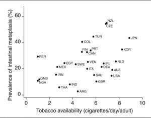 Prevalence of intestinal metaplasia in Helicobacter pylori-infected subjects as a function of tobacco availability.