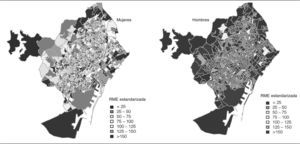 Razón de mortalidad estandarizada (RME) para cáncer de tráquea, de bronquios y de pulmón en la ciudad de Barcelona, (1996-2003).