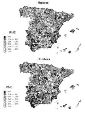 Distribución geográfica del riesgo relativo de mortalidad evitable (excepto hipertensión, enfermedades vasculares cerebrales y enfermedad isquémica del corazón) por sexo. España, 1990-2001. RME: razón de mortalidad estandarizada.