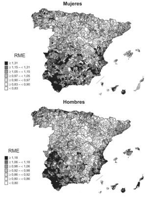 Distribución geográfica del riesgo relativo de mortalidad evitable asociada a hipertensión, enfermedades vasculares cerebrales y enfermedad isquémica del corazón por sexo. España, 1990-2001. RME: razón de mortalidad estandarizada.