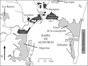 Mapa de la Bahía de Algeciras y ubicación de sus principales industrias. Modificada del Informe del CSIC: Diagnóstico de la situación ambiental del entorno del Campo de Gibraltar9. CTLB: Central Térmica Los Barrios. CELUPAL: actualmente Torraspapel.