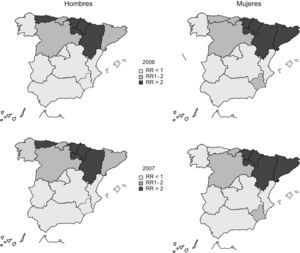 Riesgo relativo para los años 2006 y 2007 de las enfermedades profesionales en las comunidades autónomas por sexo, tomando como referencia la media española.