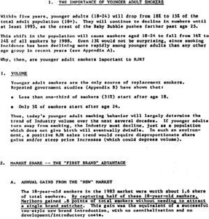 Informe Younger adult smokers: strategies and opportunities de la compañía R.J. Reynolds Tobacco, 1984. Número Bates 501928462-501928550.