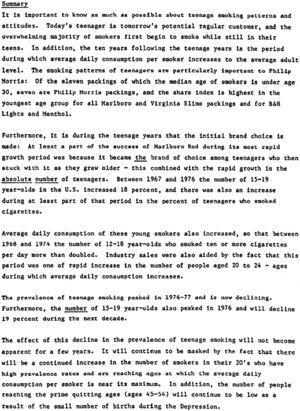 Informe Young smokers prevalence, trends, implications, and related demographics de la compañía Philip Morris, 1981. Número Bates 1000390803-1000390855.