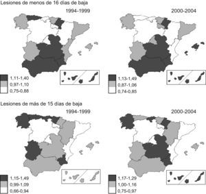 Riesgo relativo, ordenado según terciles, de las lesiones no mortales con baja en jornada, de tipo mecánicas, en la industria manufacturera, ajustado por sexo, edad y tipo de contrato, estratificando según la duración de la baja, por Comunidades Autónomas y tomando España como referencia, en los periodos 1994–1999 y 2000–2004.