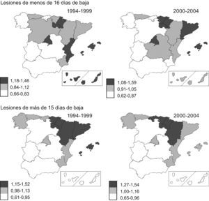 Riesgo relativo, ordenado según terciles, de las lesiones no mortales con baja en jornada, de tipo mecánicas, en la construcción, ajustado por sexo, edad y tipo de contrato, estratificando según la duración de la baja, por Comunidades Autónomas y tomando España como referencia, en los periodos 1994–1999 y 2000–2004.