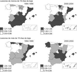 Riesgo relativo, ordenado según terciles, de las lesiones no mortales con baja en jornada, por sobresfuerzo, en la industria manufacturera, ajustado por sexo, edad y tipo de contrato, estratificando según la duración de la baja, por Comunidades Autónomas y tomando España como referencia, en los periodos 1994–1999 y 2000–2004.