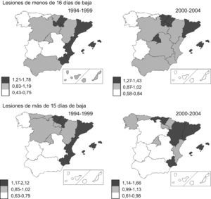 Riesgo relativo, ordenado según terciles, de las lesiones no mortales con baja en jornada, por sobresfuerzo, en la construcción, ajustado por sexo, edad y tipo de contrato, estratificando según la duración de la baja, por Comunidades Autónomas y tomando España como referencia, en los periodos 1994–1999 y 2000–2004.