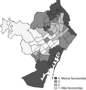 Grupos de área básica de salud según el índice de privación socioeconómica (Barcelona, 1983–2004).