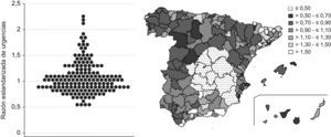Razones estandarizadas de urgencias por áreas de salud. Sistema Nacional de Salud, 2006. n=164 áreas de salud. La zona punteada corresponde a las áreas no incluidas en el estudio. Fuente: Encuesta de Establecimientos Sanitarios con Régimen de Internado 2006 y Encuesta Nacional de Salud para la construcción del patrón de referencia.