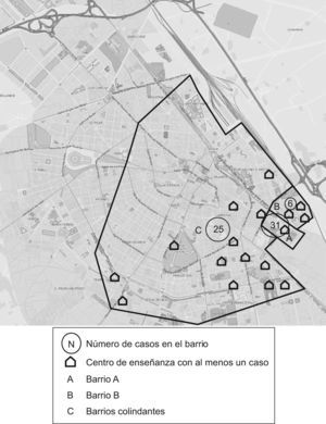 Localización de casos, barrios y centros educativos con casos.