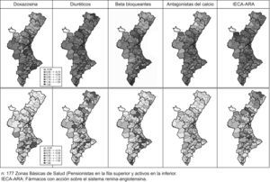 Razones de utilización estandarizada para fármacos antihipertensivos por zonas básicas de salud en la Comunidad Valenciana (2005).