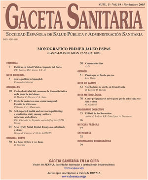 Sumario del número extraordinario de Gaceta Sanitaria (impreso en las camisetas) con motivo del Encuentro de Salud Pública y Administración Sanitaria celebrado en Las Palmas de Gran Canaria, en 2005.