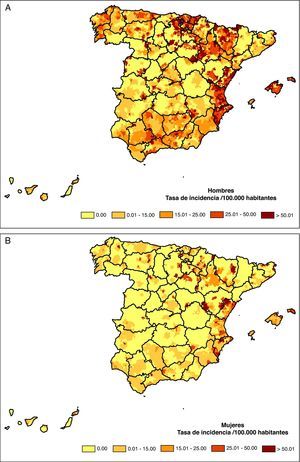 A: Distribución geográfica de las tasas estandarizadas por edad, ajustadas por el método Empirical Bayes. 2003-2007. Hombres. B: Distribución geográfica de las tasas estandarizadas por edad, ajustadas por el método Empirical Bayes. 2003-2007. Mujeres.