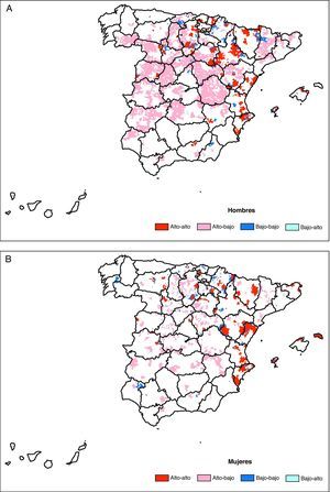 A: Autocorrelación espacial: mapa LISA. Clusters espaciales de las tasas de incidencia estandarizadas por edad suavizadas por municipio. 2003-2007. Hombres. B: Autocorrelación espacial: mapa LISA. Clusters espaciales de las tasas de incidencia estandarizadas por edad suavizadas por municipio. 2003-2007. Mujeres.