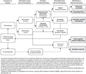 Esquema del circuito del cribado, posibles resultados del proceso y principales beneficios y efectos adversos.