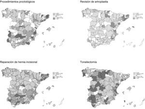 Razón de utilización estandarizada. Para cada procedimiento, las áreas en gris representan áreas con más «riesgo» de hospitalizaciones que lo esperado. Las áreas con tramas representan áreas con menos «riesgo» de hospitalizaciones que lo esperado. En blanco, las áreas que, con independencia de su riesgo, no mostraron diferencias con respecto al valor nulo 1.