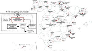 Estudio BIOAMBIENT.ES, 2009-2010. Localización geográfica de los centros de prevención participantes en la recogida de muestras. Las fracciones numéricas indican las muestras totales y las muestras de pelo recogidas en cada centro (muestras totales/muestras de pelo). Esquema: organización de la red de comunicación y transporte.