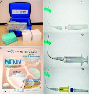 Estudio BIOAMBIENT.ES, 2009-2010. A) Embalaje isotérmico para el transporte de muestras. B) Póster del estudio. C1-C3) Dispositivo empleado en la extracción de muestras de sangre en función de la técnica empleada (diferentes tipos de tubos o jeringas).