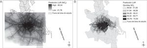 Estimación de los niveles de NO2 en el área de estudio. A) Predicción de los niveles de NO2 mediante regresión usos del suelo (LUR) en el área de estudio. B) Estimación de los niveles de NO2 para cada sección censal por quintiles de contaminación.