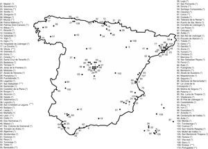 Poblaciones españolas en las que se ha determinado el contenido en flúor de las aguas de consumo público. Concentración media de flúor entre paréntesis (*): <0,3mg/l; (**): 0,3-0,7mg/l; (***): >0,7mg/l.
