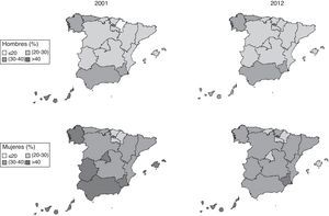Prevalencia de mala salud percibida por comunidad autónoma y sexo. Resultados estandarizados.