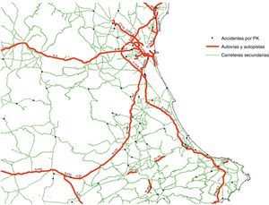 Ejemplo de la distribución espacial de los accidentes de tráfico.