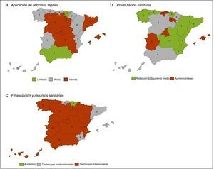 Clasificación de las comunidades autónomas según su evolución en la aplicación de reformas sanitarias, la privatización sanitaria, la financiación y los recursos sanitarios, y puntuación en cada una de las dimensiones.