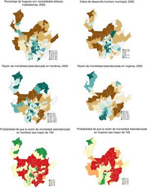 Distribución geográfica del porcentaje de hogares con necesidades básicas insatisfechas, del índice de desarrollo humano municipal, de la razón de mortalidad estandarizada masculina y femenina por causas externas, y de las áreas con alta probabilidad de exceso o defecto de riesgo de mortalidad por causas externas. Antioquia, 2005.